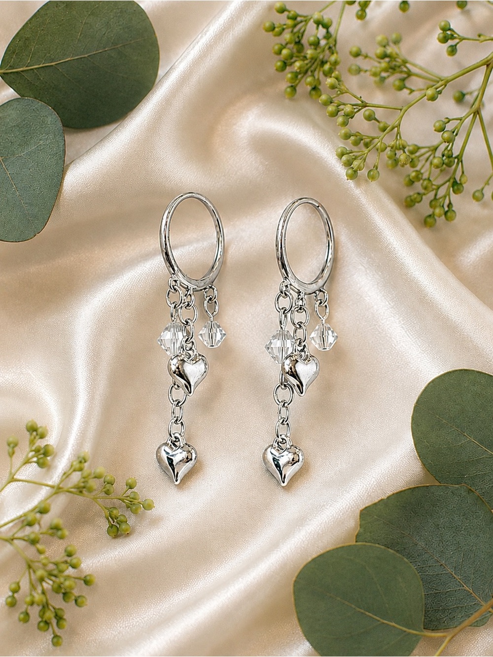 🆕❤️Delicate Silver Heart Drop Hoop Earrings with Swarovski Crystal Accents
